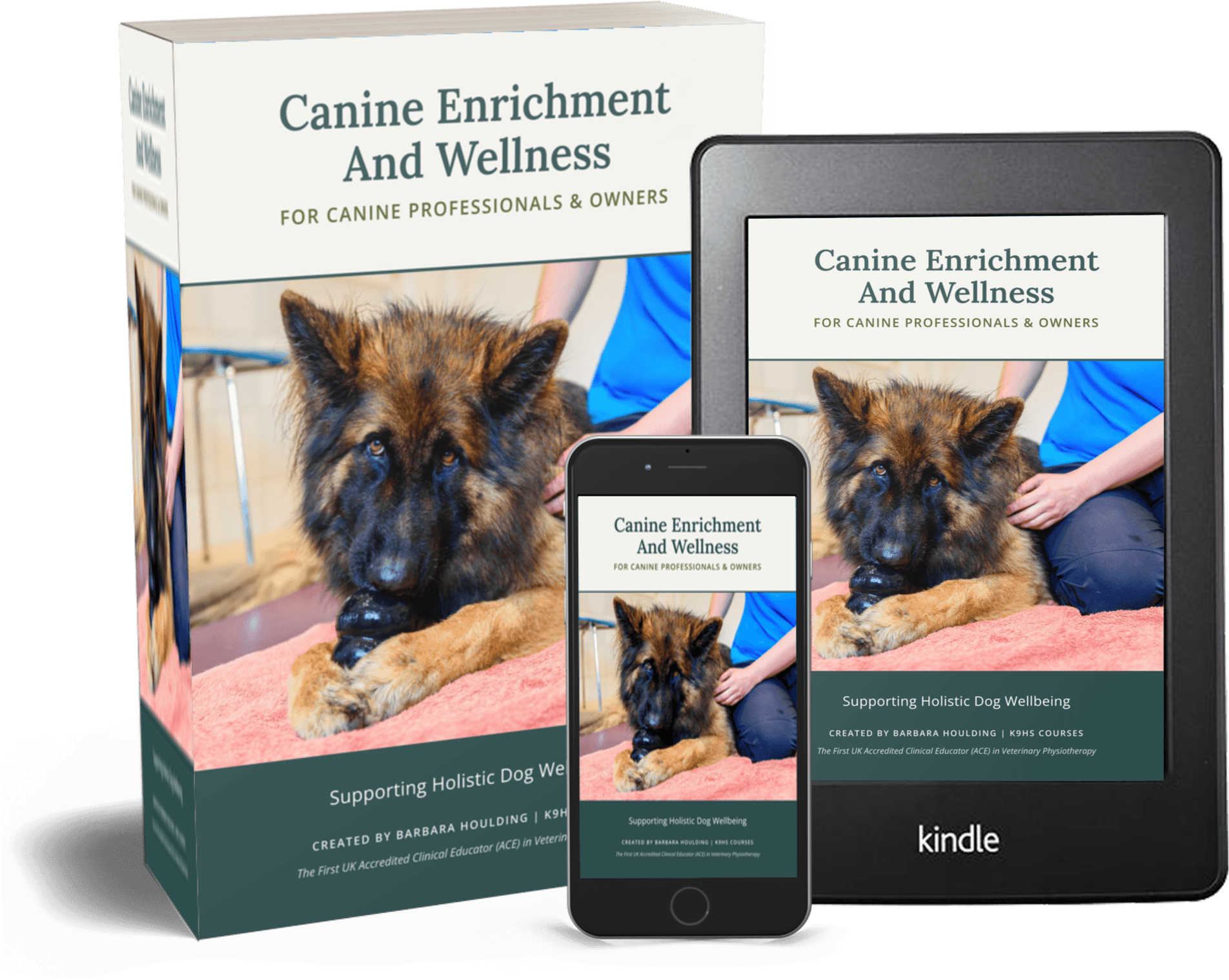 A 3D mockup of the free Canine Enrichment and Wellness Guide displayed on multiple digital devices, available for instant download.